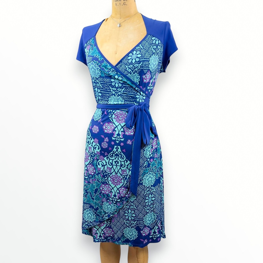 Vintage Paisley Wrap Midi Dress Vibrant Blue Floral Medallion Boho Retro Size M